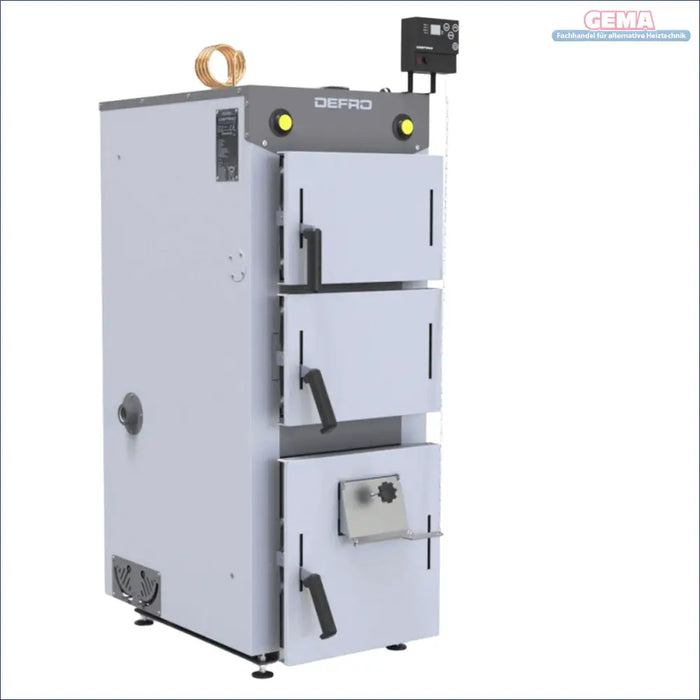 WeiĂe dreitĂŒrige Kessel mit Steuerungsdisplay fĂŒr Defro Firewood Plus 24 kW