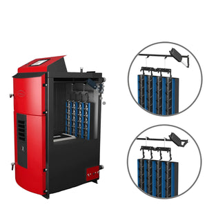 Roter und schwarzer Pelletkessel mit internen Komponenten für den Holzvergaserkessel Attack SLX Profi 35 kW