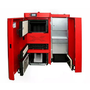Offener roter Kessel bei Thermoflux PID Logic Kombi 45 kW – Holz- & Pelletheizung