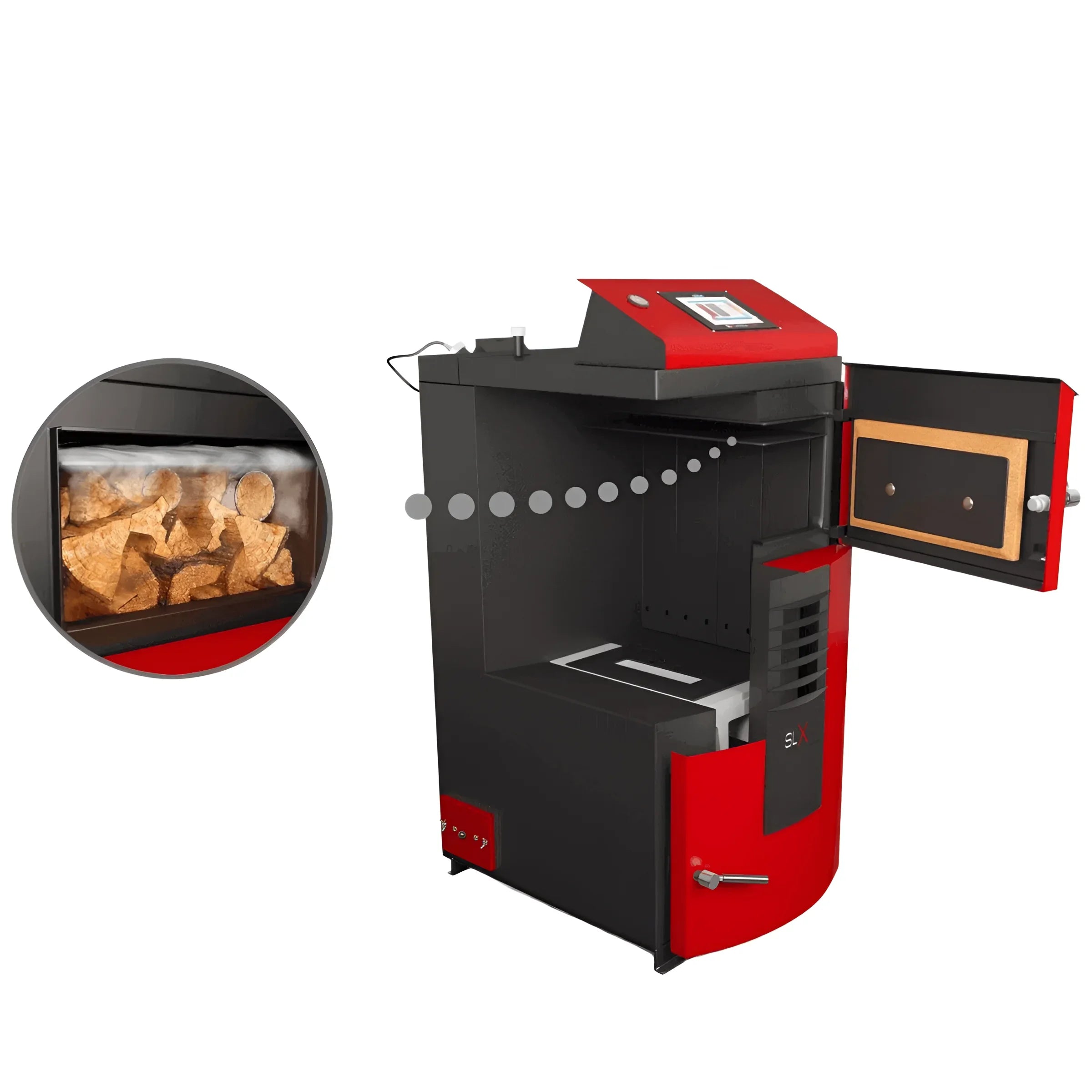 Roter und schwarzer Holzvergaser Kessel für effiziente Wärme im Produkt Holzvergaserkessel Attack SLX Profi 35 kW