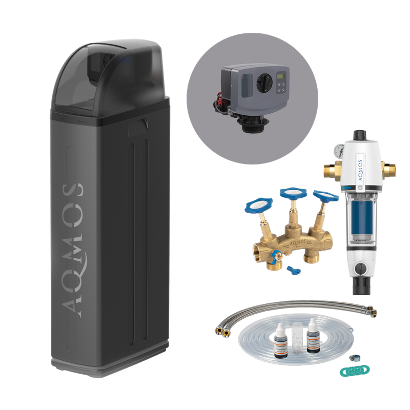 Zariadenie na zmäkčovanie vody AQMOS R2D2-72 Black Edition set so spätným preplachovacím filtrom, pripojovacou sadou a montážnym blokom