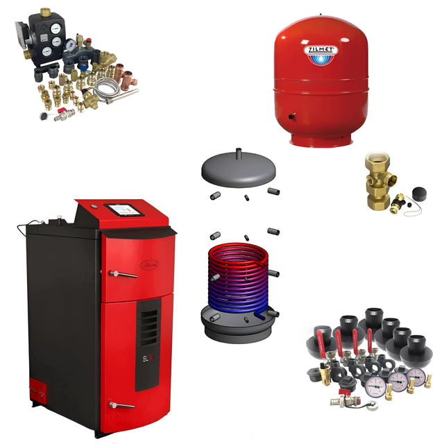 Komplettpaket Attack SLX Lambda Touch 35 kW plus Pufferspeicher mit Wärmetauscher.