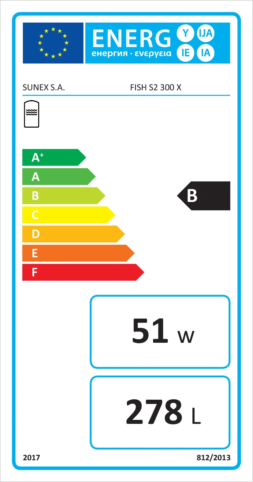 Energieeffizienzlabel für Warmwasserspeicher Sunex Fish S2 X, Energieklasse B, 51 W, 278 L