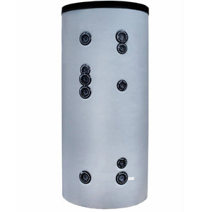 Grauer zylindrischer Warmwasserspeicher Sunex Fish S2 X mit mehreren Anschlüssen, S235JR