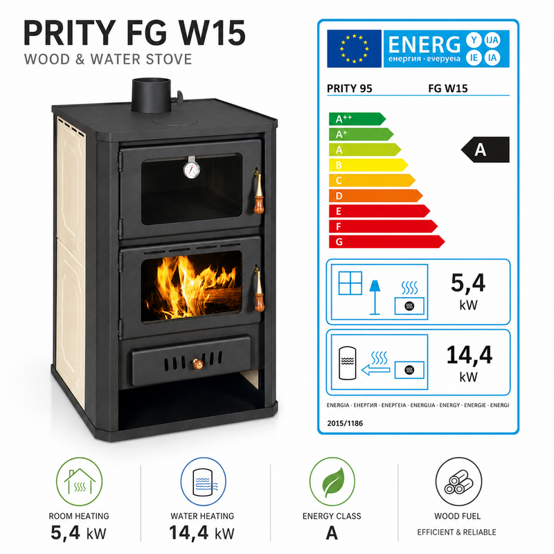 Ūdeni vadoša kamīna krāsns ar cepšanas nodalījumu Prity krēmkrāsā - 19,8 kW