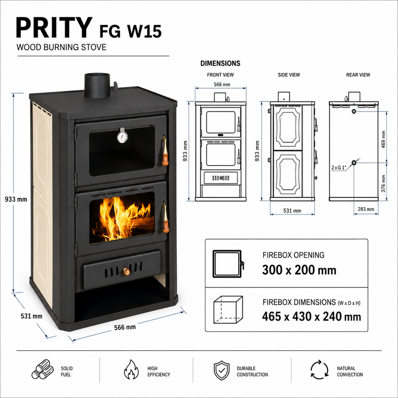 Ūdeni vadoša kamīna krāsns ar cepšanas nodalījumu Prity krēmkrāsā - 19,8 kW