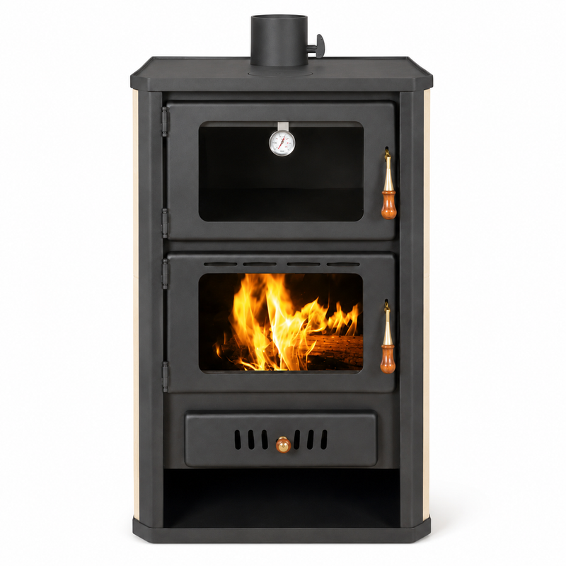 Ūdeni vadoša kamīna krāsns ar cepšanas nodalījumu Prity krēmkrāsā - 19,8 kW