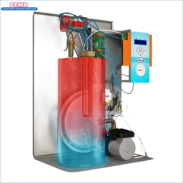 Wandmontierter Wassererhitzer mit sichtbaren Komponenten Elektrokessel ATTACK Electric Easy 8 kW