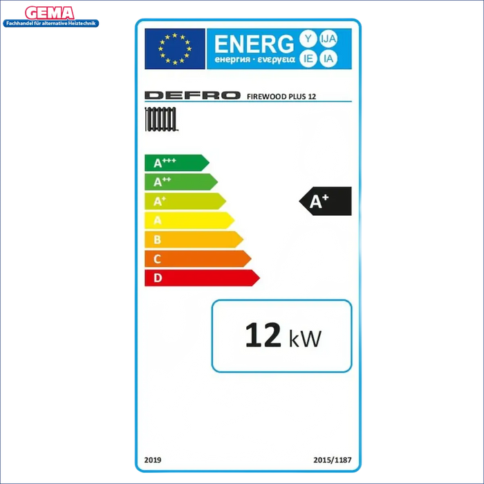 Energieeffizienzlabel für den Defro Firewood Plus 12 kW Vergaser Scheitholzkessel