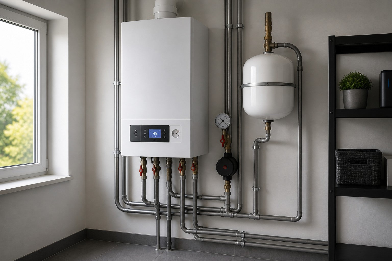 Elektrokessel im modernen Heizraum mit Rohrinstallation und Ausdehnungsgefäß