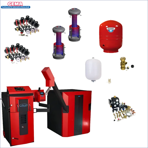 Heizungssystemkomponenten des Rot-Schwarzes Pelletskesselsystems mit Attack SLX Kombikessel