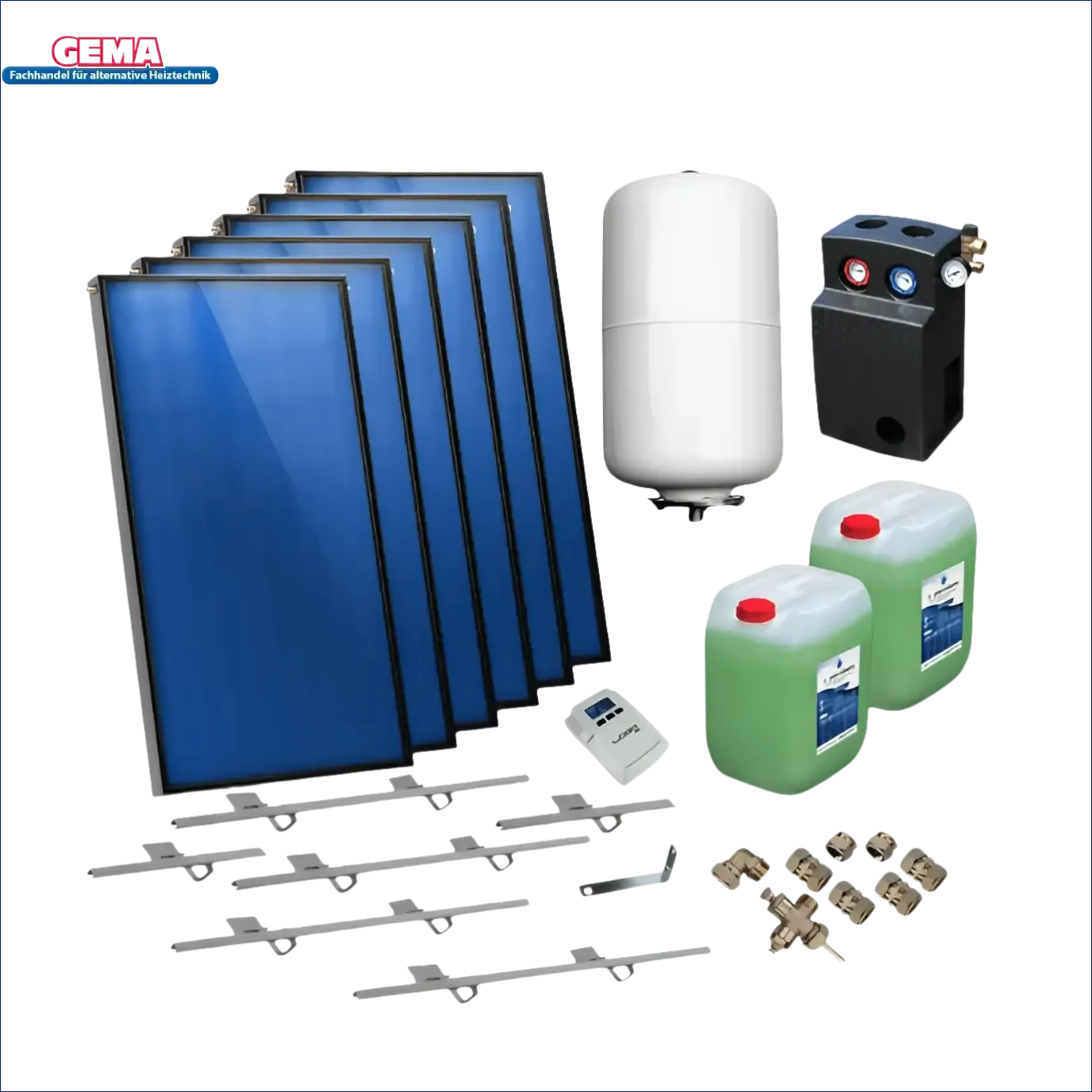 Darstellung der Komponenten eines Solarwärmesystems für das Solarpaket Flachkollektoren AMX2.51