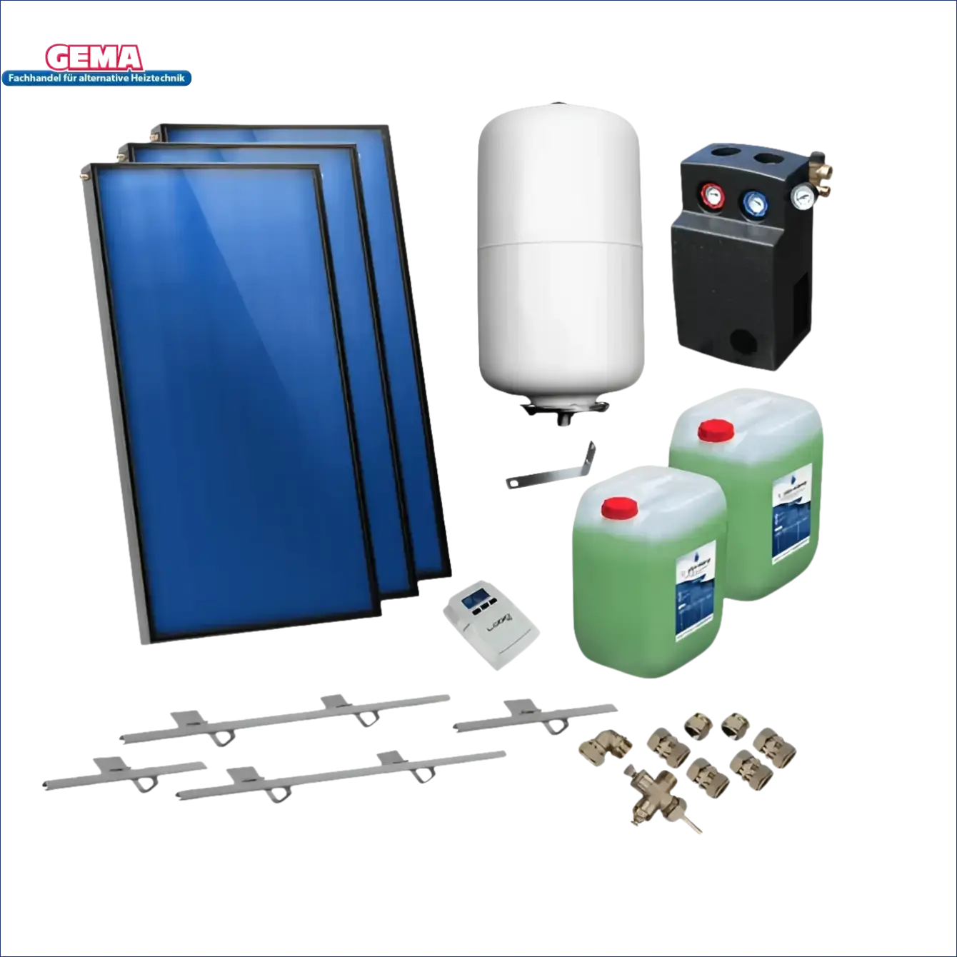 Solarpaket AMX mit GPS PWM Hydra und modernem Design, zeigt Solarwärme-Systemteile