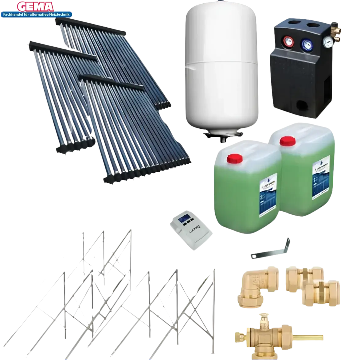 Alt-Text für Produkt Solarpaket Röhrenkollektor HP30 Flachdach 14,67 m² mit Solarwasserheizungssystem Komponenten
