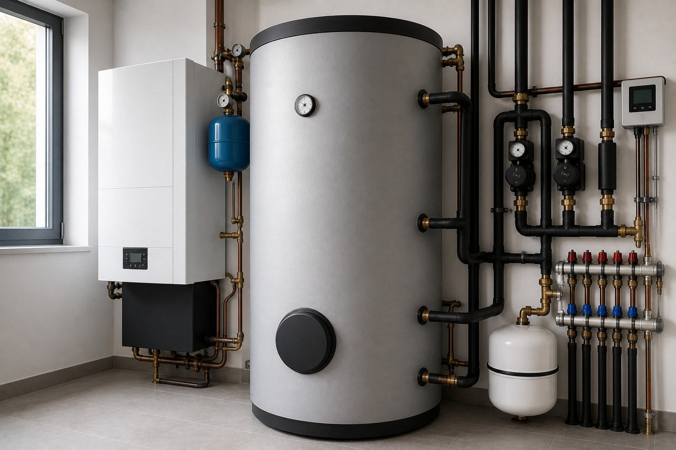 Warmwasserspeicher mit Rohrinstallation und Heiztechnik im modernen Heizraum