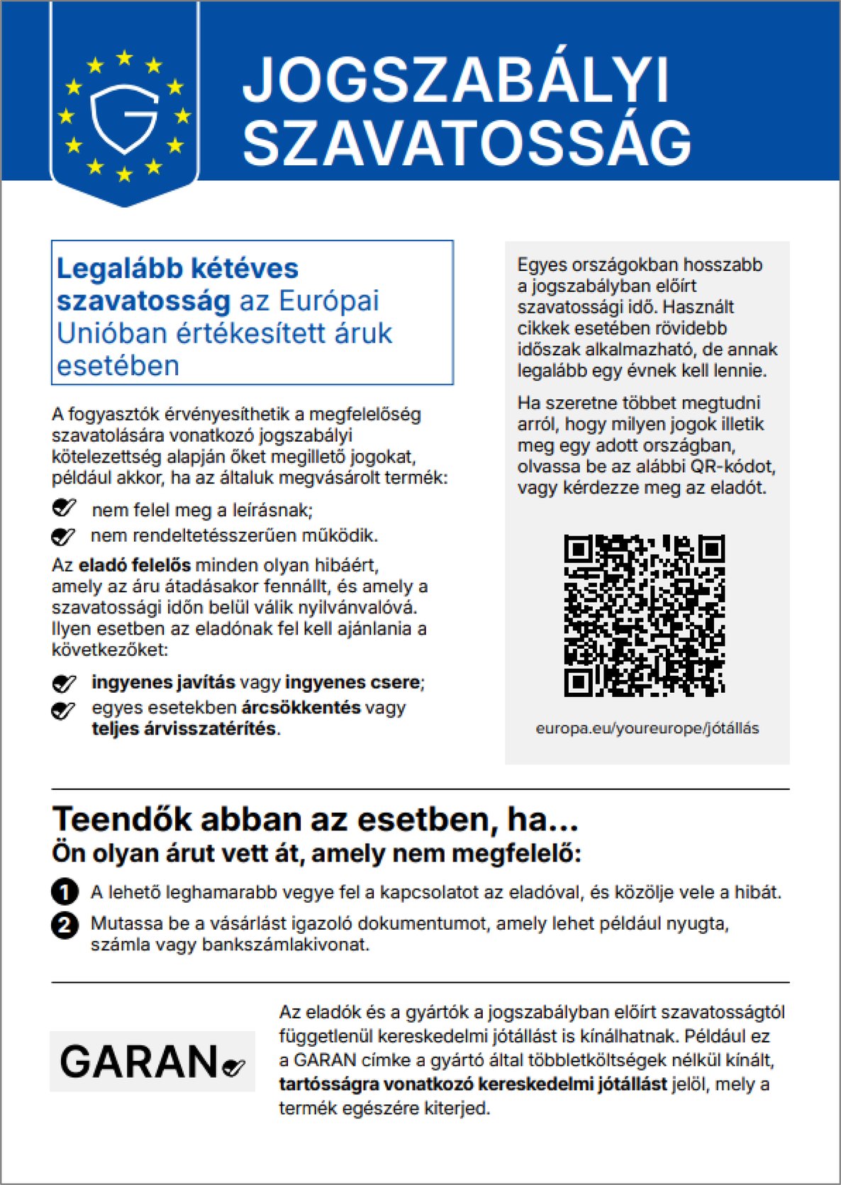 Harmonizált uniós tájékoztató a jogszabályon alapuló megfelelőségi jótállásról
